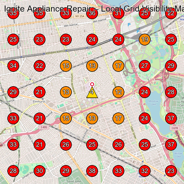 Ignite Appliance Repair GeoGrid visibility map for Appliance Repair Service in Rego Park